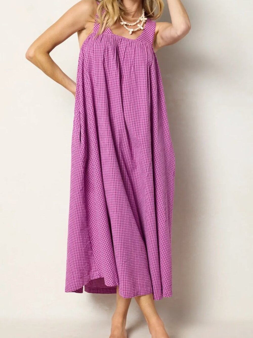 Natural Life Cotton Maxi Dress Gingham Wide Shoulder Straps NWT